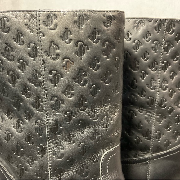 Jimmy Choo Monogram Embossed Leather Wedge Boots- Black- Barely Worn- Size 37.5 - Picture 9 of 14
